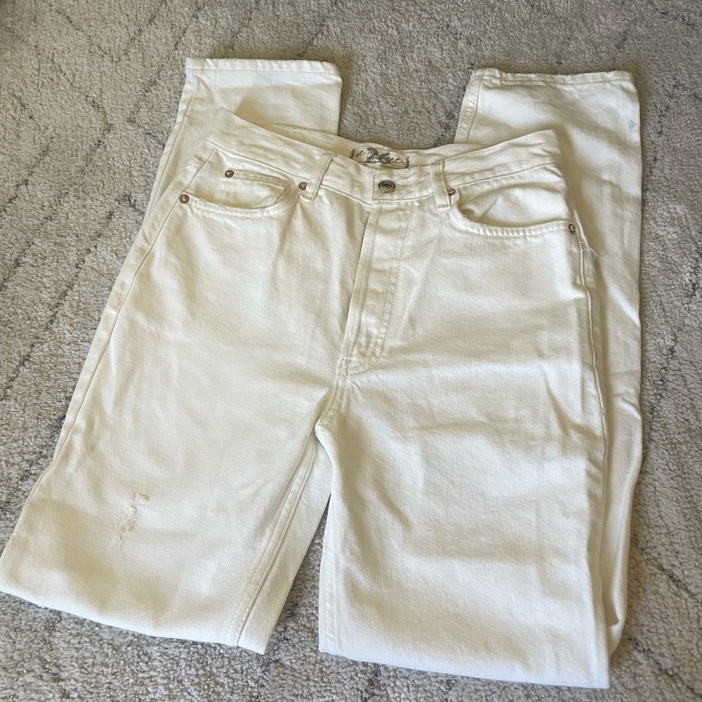 Free People White Distresses High Rise Straight Leg Jeans Sz 26